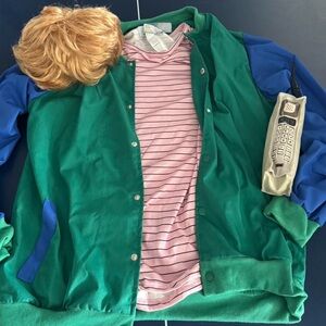Green and Blue Jacket with Pink Striped Shirt